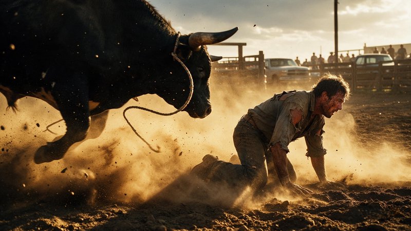 Aggressive bucking bull looms over a fallen cowboy in a dusty rodeo arena at golden hour
