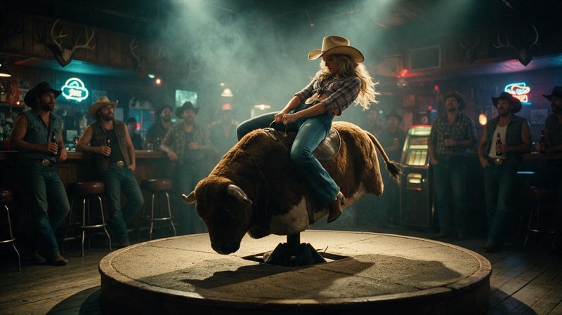Cowgirl in a cowboy hat rides a bucking mechanical bull as patrons watch from a western saloon