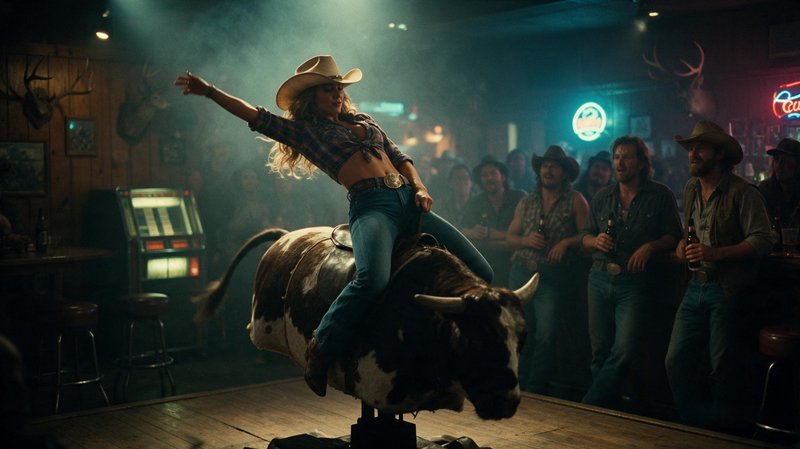 Woman wearing a cowboy hat rides a mechanical bull as bar patrons cheer in a western saloon