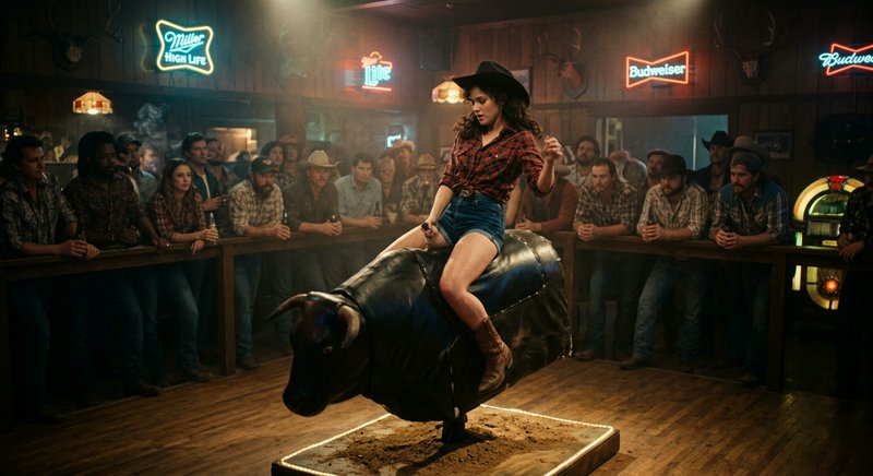 Woman in a cowboy hat rides a mechanical bull as patrons watch from a western bar counter
