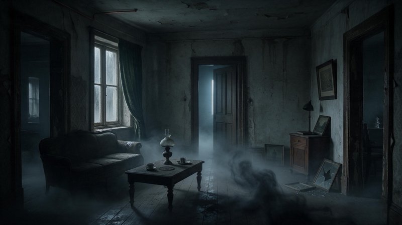 Ghostly wispy mist fills a dilapidated abandoned Victorian parlor with peeling walls and vintage ...