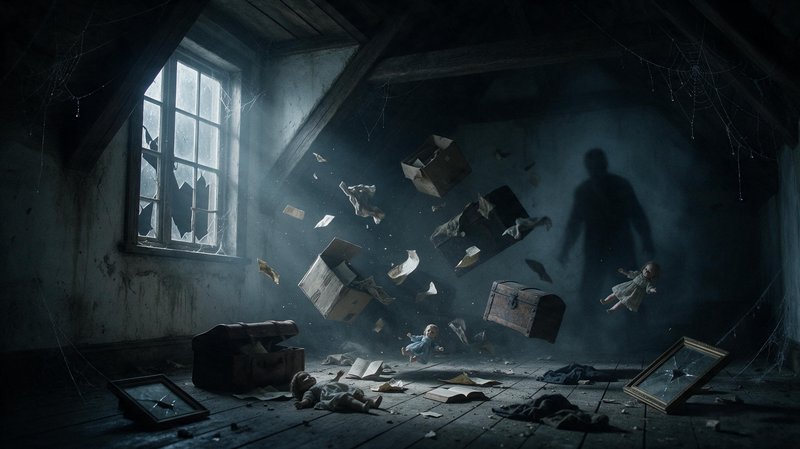 Poltergeist activity in a derelict cobwebbed attic with floating objects and a shadowy humanoid figure
