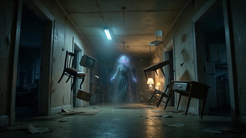 Glowing translucent female ghost stands in a dilapidated hallway as furniture floats mid-air around her