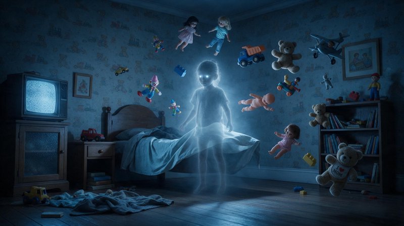 Glowing translucent child ghost stands above a floating bed with levitating toys in a dark vintage bedroom
