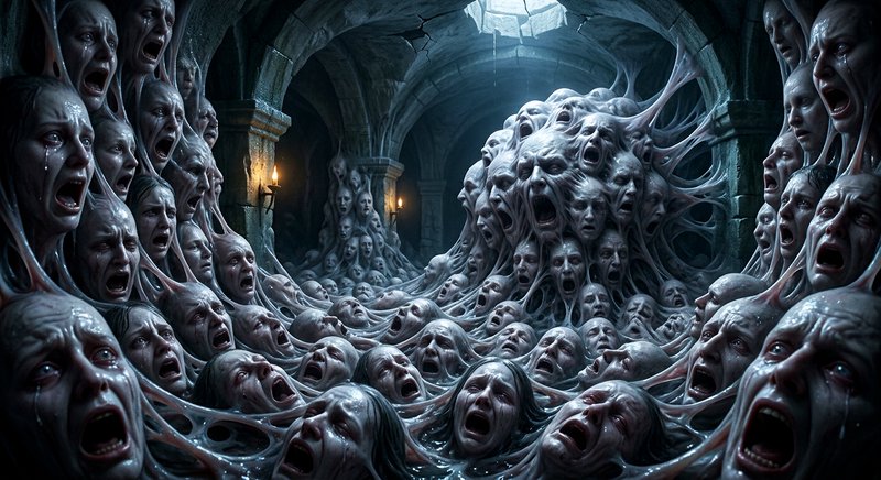 Surreal horror scene of fused screaming human faces filling a dark vaulted gothic dungeon