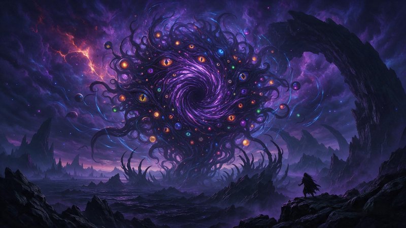 Lone robed figure stares up at a swirling tentacled eldritch eye god above a dark alien landscape