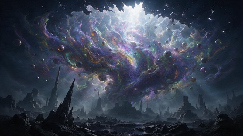 Swirling iridescent cosmic nebula hangs above a misty alien ruin landscape under a starry dark sky