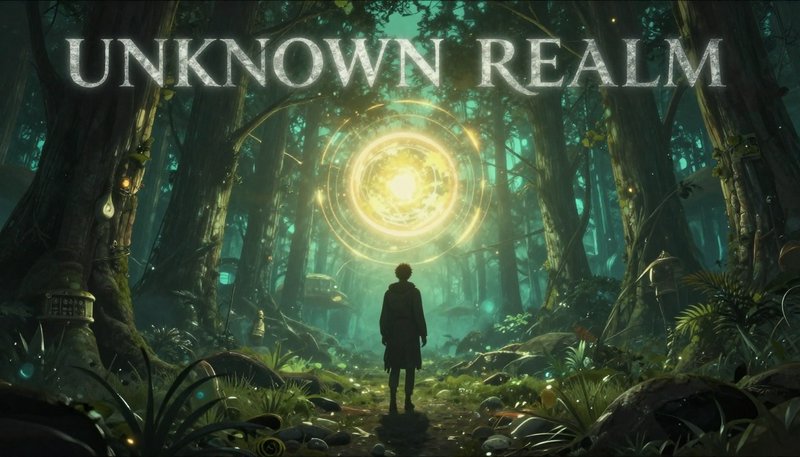 Silhouetted traveler stands before a glowing magical portal in a misty ancient fantasy forest wit...