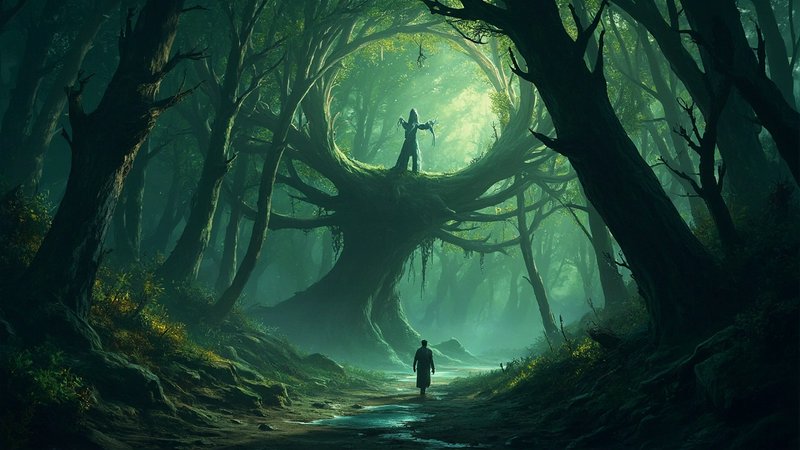 Lone traveler walks toward a giant ancient tree holding a hooded mystical figure in a misty enchanted forest