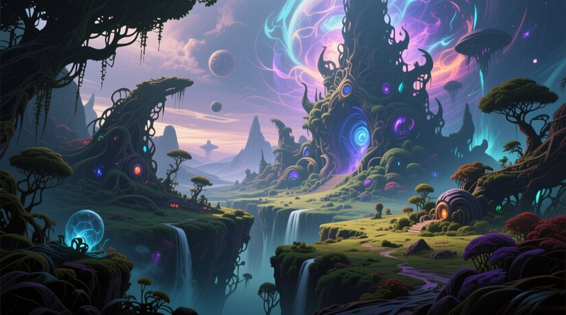Surreal alien fantasy landscape with glowing magical architecture, floating planets, and cascading cliff waterfalls
