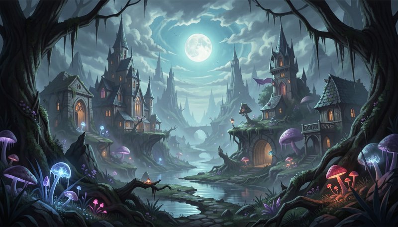 Enchanted fantasy village with glowing mushrooms and spired castles sits along a misty river under a bright full moon