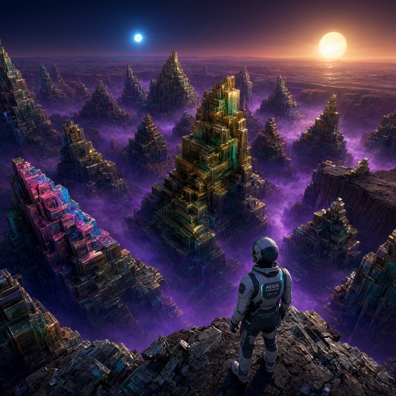 Astronaut stands on a cliff edge overlooking a crystalline alien city at binary star sunset