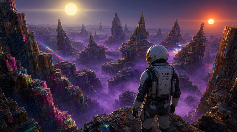 Astronaut stands on a cliff edge overlooking a sprawling alien megacity beneath two twin suns