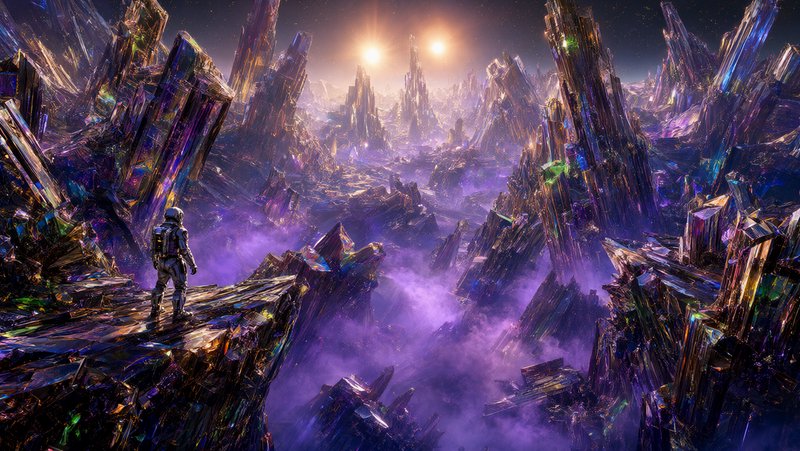 Astronaut stands on a jagged crystal outcrop overlooking an alien planet of towering iridescent spires under twin suns