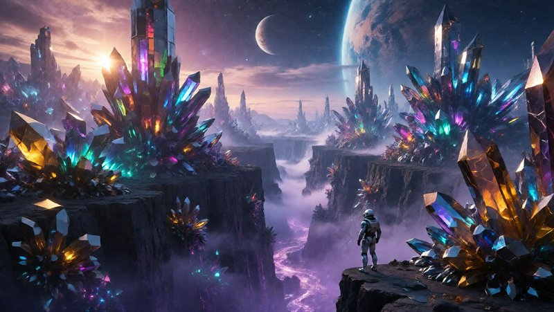Astronaut stands on a cliff edge overlooking an alien world covered in giant glowing iridescent crystals
