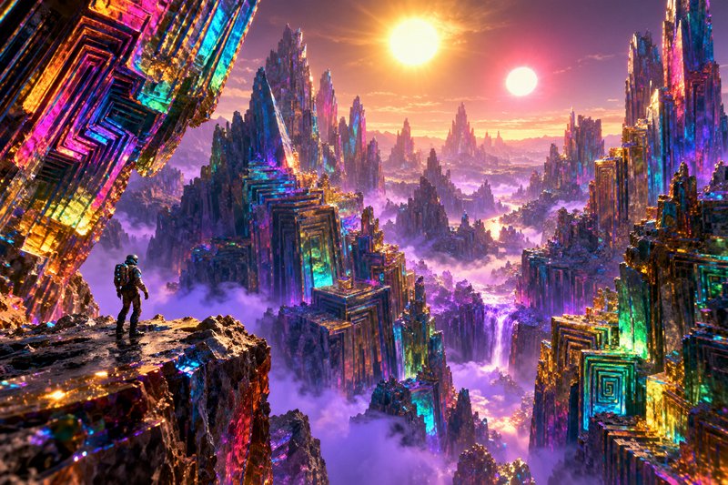 Astronaut stands on a cliff overlooking a vibrant iridescent crystal alien world with twin suns
