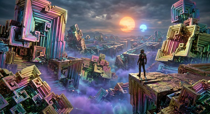 Astronaut stands on a cliff edge overlooking an iridescent floating alien city at twin sun sunset