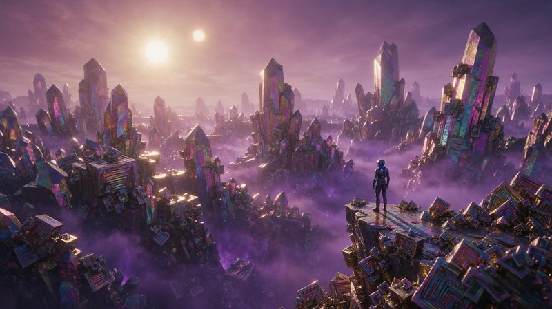 Astronaut standing on a cliff edge overlooking a vast iridescent crystal alien landscape under tw...
