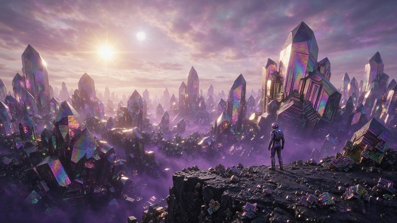 Astronaut standing on a rocky cliff overlooking a massive iridescent crystal alien world under twin suns