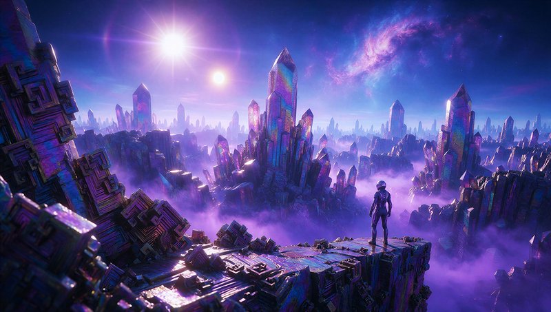 Astronaut in a spacesuit stands on a cliff overlooking glowing crystal spires on an alien planet under twin suns