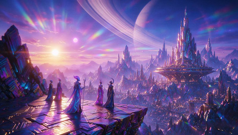 Magical robed figures stand on a crystal cliff overlooking a glowing alien spire city under a ringed planet sunset