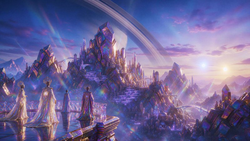 Four robed celestial figures stand on a terrace overlooking a glowing iridescent crystal fantasy kingdom under a ringed