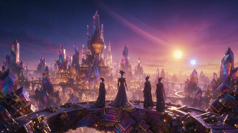 Four robed fantasy figures stand on a crystal platform overlooking a glowing crystalline alien city at twin-sun sunset