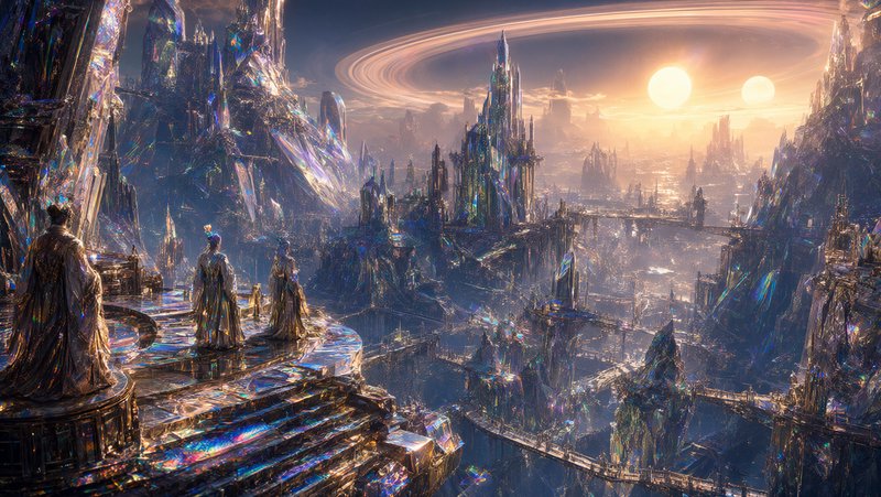 Three robed regal figures stand on a crystal platform overlooking a glowing alien city under a ri...