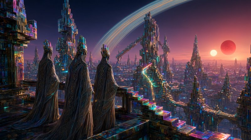 Three crowned robed figures overlook a glowing crystal alien city at binary sunset under a ringed planetary arc
