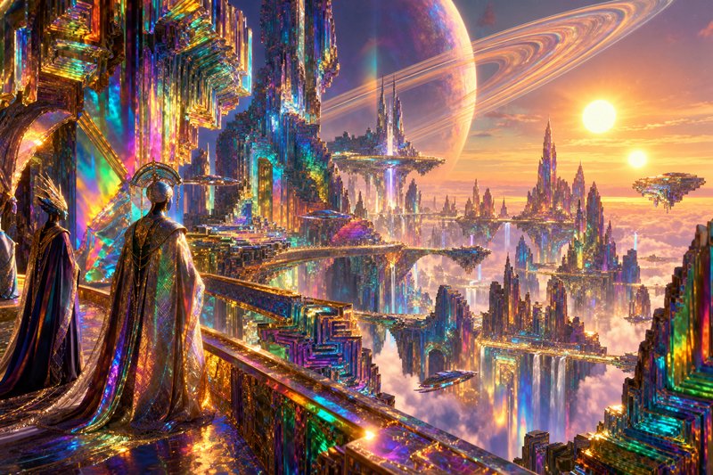 Regal robed figures overlook a glowing floating crystal city above clouds beneath a ringed alien planet.