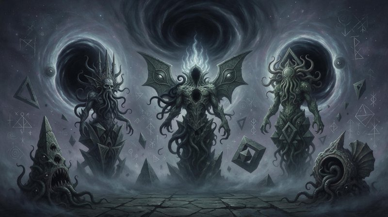 Three towering eldritch cosmic entities flank a central winged void god beneath swirling interdimensional portals