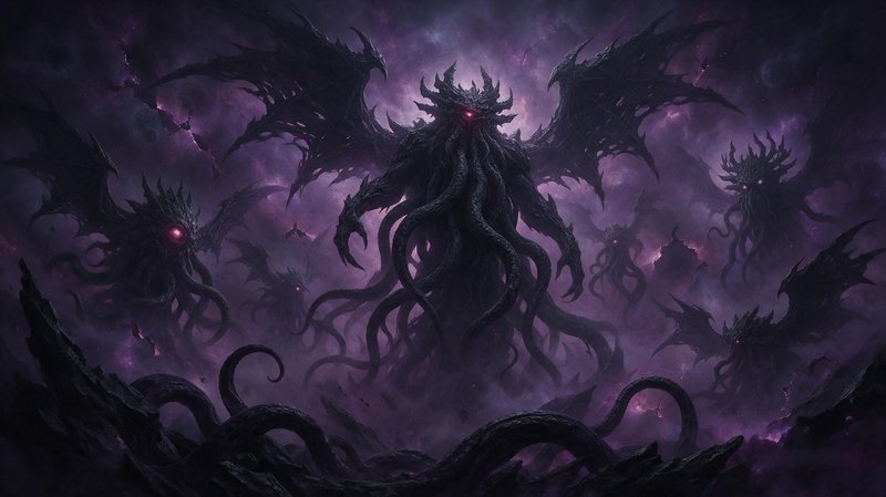 Towering winged tentacled elder god leads a horde of cosmic horrors through a swirling purple void