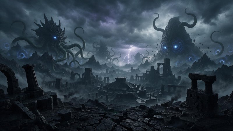 Giant tentacled eldritch gods loom over an ancient ruined city under a stormy lightning-filled sky