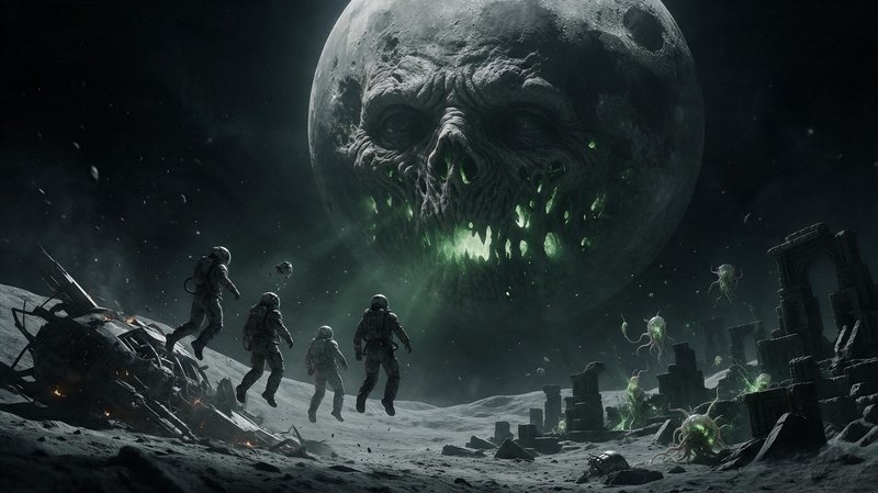 Astronauts on a ruined moon face a massive menacing skull planet glowing with eerie green light