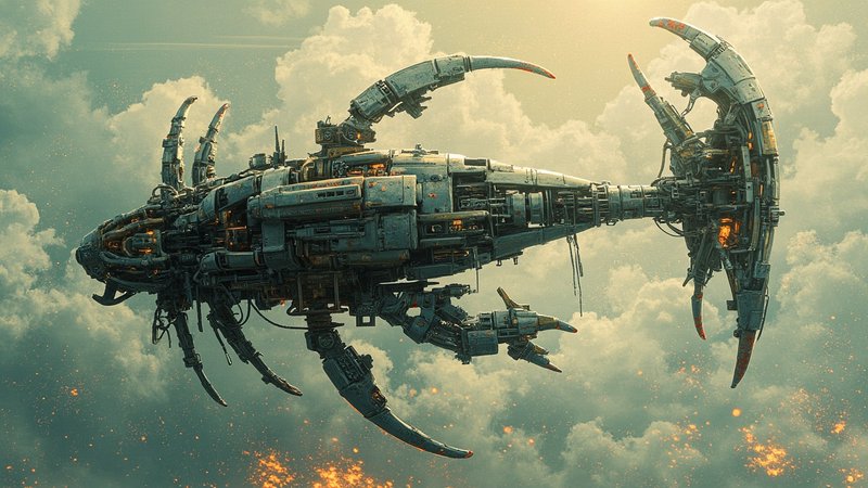Intricate steampunk mechanical leviathan airship floats high above sunlit billowing clouds