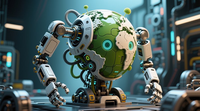 Cute globe-shaped Earth robot with mechanical arms stands in a futuristic laboratory