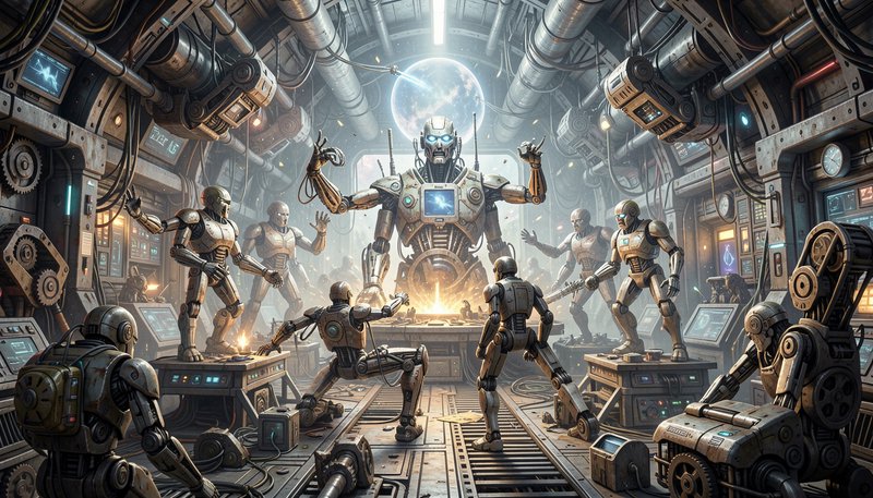Giant lead android addresses a gathered group of robots inside a retro-futuristic spaceship control room
