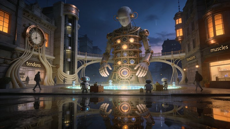 Giant steampunk automaton towers over a twilight city square surrounded by small robots and wet reflective pavement