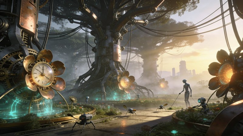 Robots tend glowing clockwork flowers in a misty steampunk mechanical garden at golden sunrise