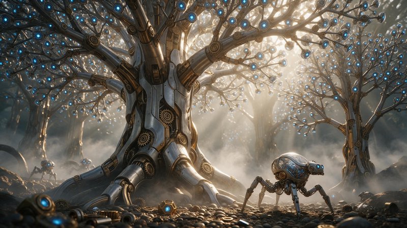 Intricate steampunk mechanical forest with glowing robotic trees and small spider robots in hazy sunlit mist