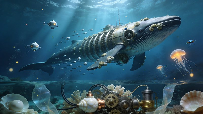Steampunk mechanical hybrid whale swims through sunlit deep ocean alongside glowing jellyfish and tiny robotic drones