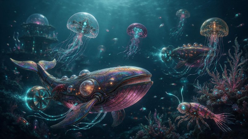 Intricate steampunk mechanical whale and robotic jellyfish drift through a glowing deep ocean scene