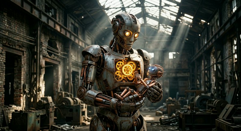 Steampunk adult robot gently holds a small child robot inside a sunlit abandoned factory