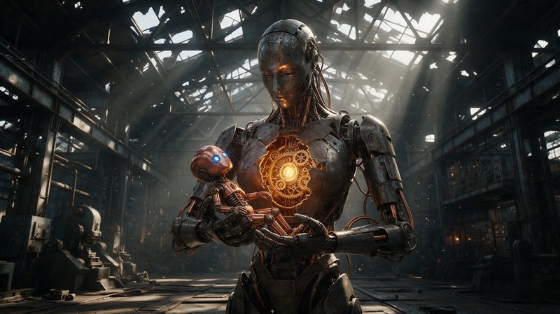 Large steampunk humanoid robot gently holding a small child automaton in a sunlit derelict factory