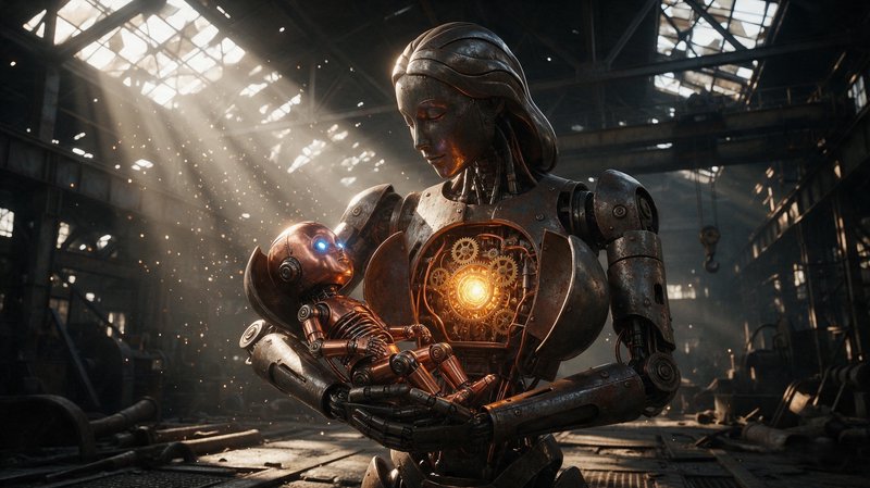 Steampunk female robot cradling a small robotic child in a sunlit abandoned factory