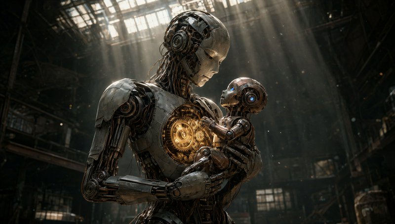 Steampunk humanoid robot tenderly holds a small child robot in a sunlit abandoned factory interior