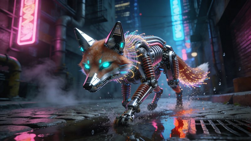 Cybernetic robotic fox with glowing cyan eyes prowls a rain-slicked neon cyberpunk alley at night