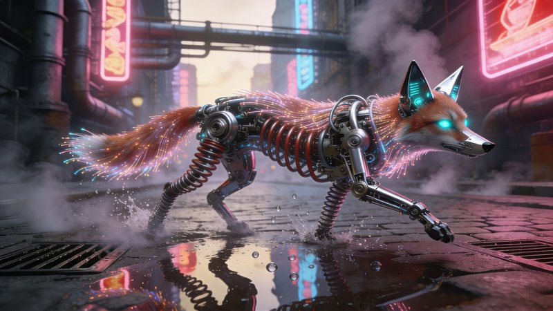 Robotic cyber fox stalks across wet cobblestones in a neon lit cyberpunk alley