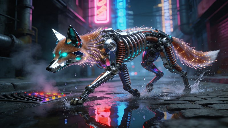 Cybernetic robotic fox prowls rain-slicked cobblestones in a neon lit cyberpunk alley