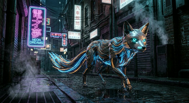 Metallic cybernetic fox walks across wet cobblestones in a misty neon-lit cyberpunk alley at night